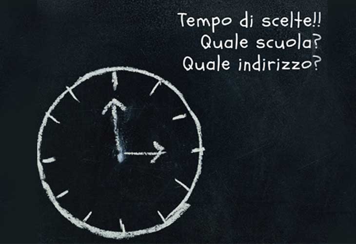 Lavagna con un orologio. Dopo le medie è tempo di scelte. Quale scuola superiore? Quale indirizzo?